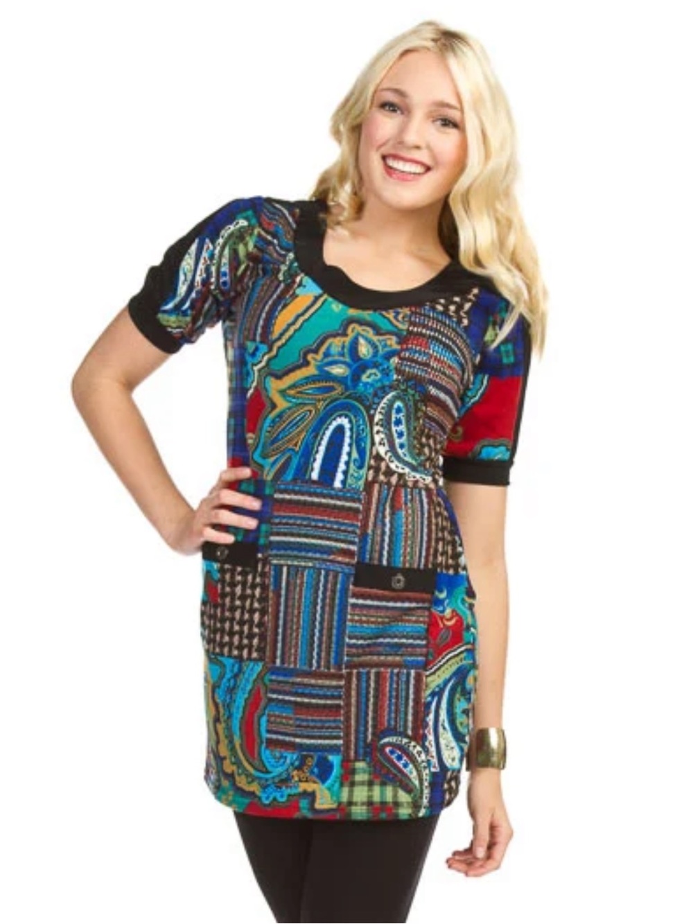 Papillon Women’s Multicolor Patchwork Print Short Sleeve Sweater Dress